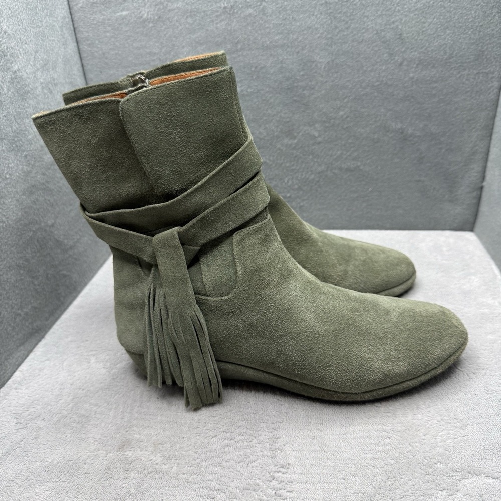 L'Amour Des Pieds Bernyce Olive Green Suede Wedge Fringe Ankle Boots Size 8.5M
